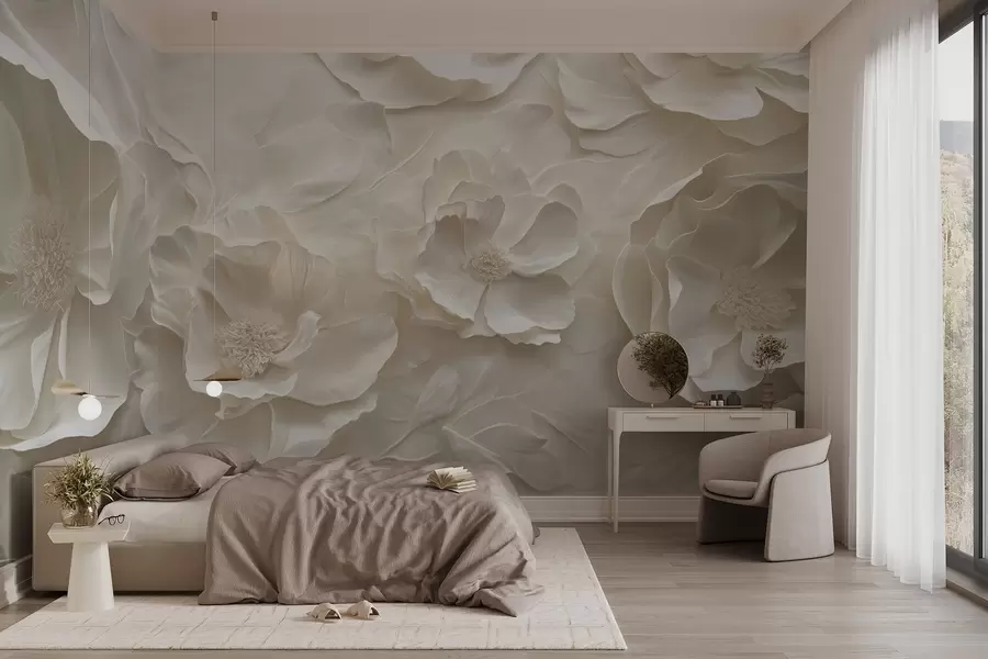 Fotobehang Luchtige bloemen in warme tinten tegen een achtergrond van bladstreken w08562