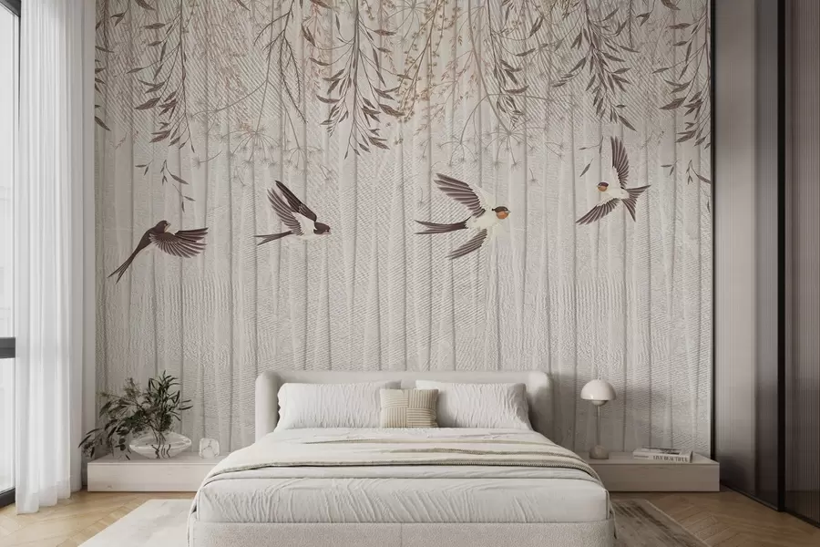 Fotobehang Vliegende vogels op een gestructureerde achtergrond met paardenbloemen en bloemen w08566