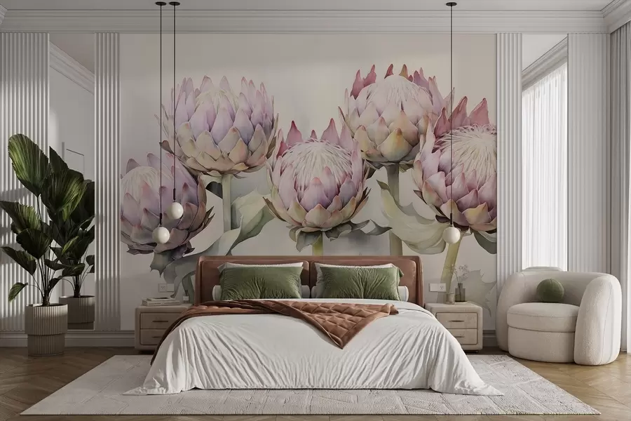 Fotobehang Zachte protea's aquarel w08593v1