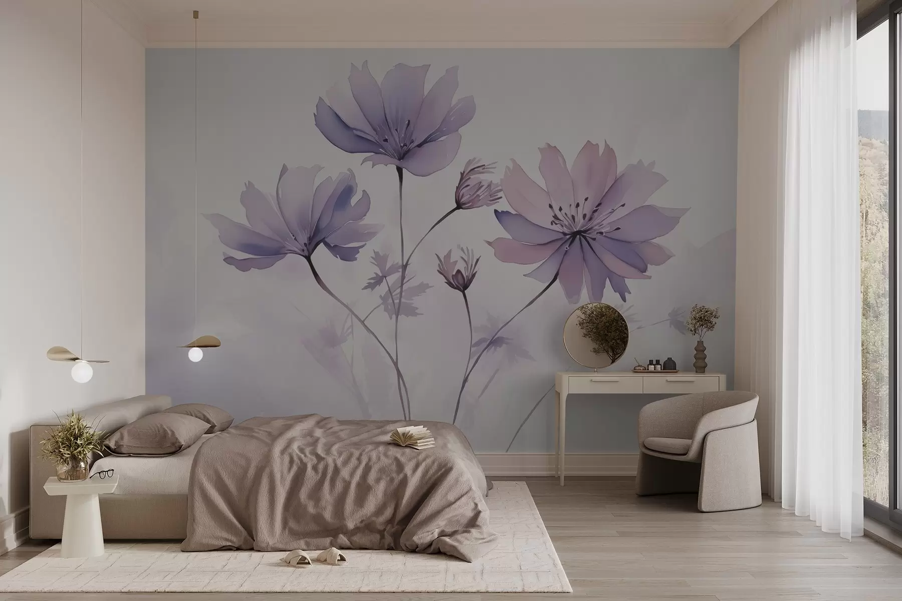 Fotobehang Delicate paars roze bloemen imitatie van aquarel w02716