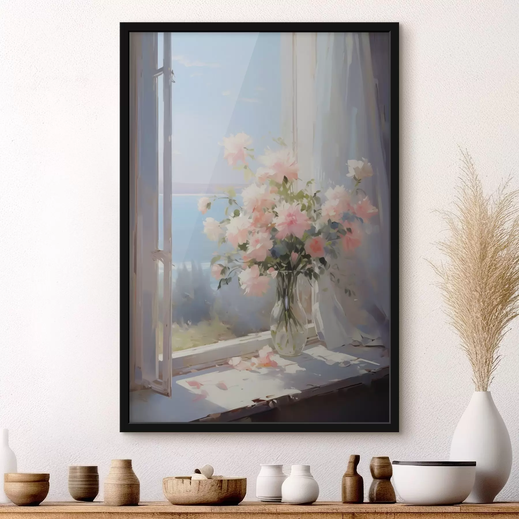 Fotobehang Boeket van delicate bloemen in een glazen vaas imitatie van schilderij f42352