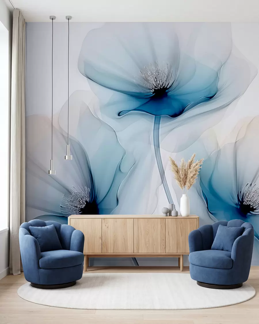 Fotobehang Bloemensluiers in blauwe inkt w02696