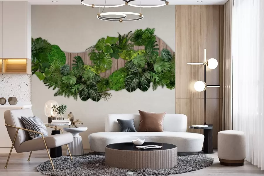 Fotobehang Bloemenpaneel met palmbladeren, mos en houten achtergrond w02717