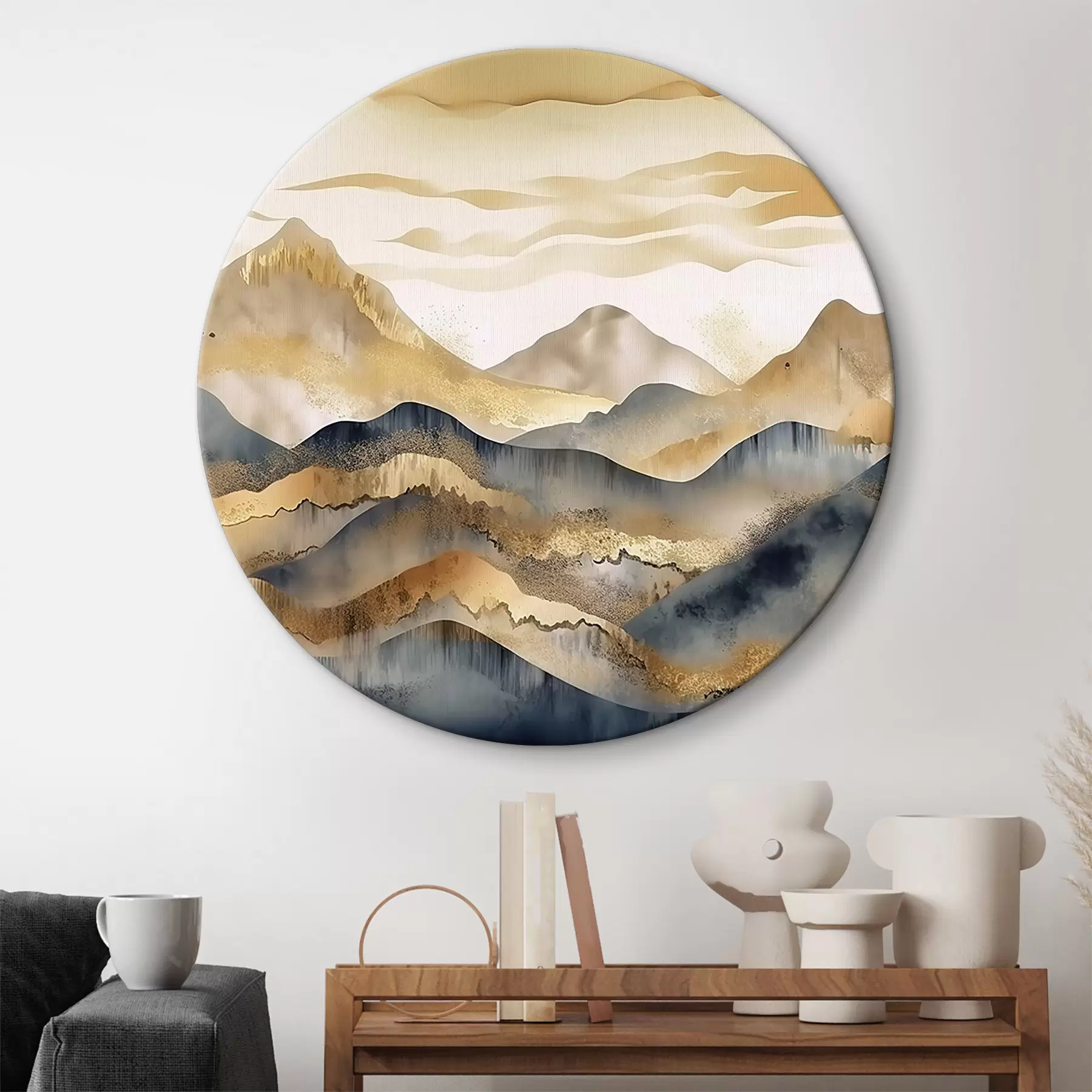  Schilderijen Abstracte achtergrond van bergen in beige en grijs met gouden elementen op een witte achtergrond r34462