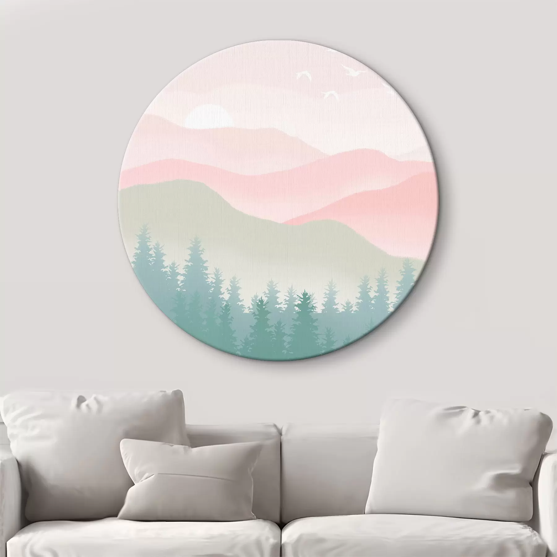Fotobehang Nevelige bergen met dennenbos, zachte natuurlijke kleuren, roze en groen r36394