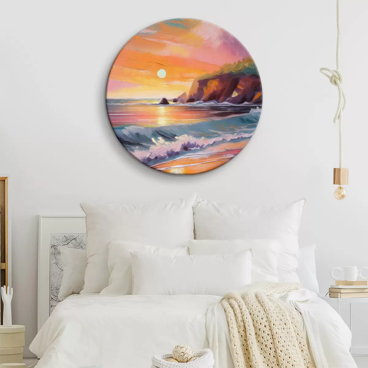 Ronde schilderijen Zonsopgang aan de kust, zeegolven, levendige penseelstreken, acryl r36581