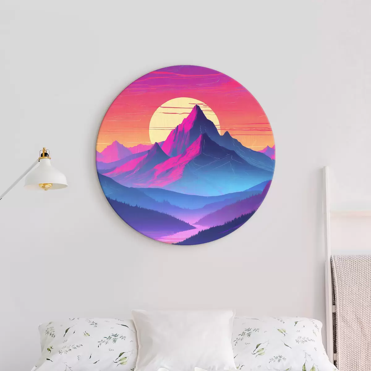 Ronde schilderijen Vredige bergen onder een kleurrijke hemel r38003