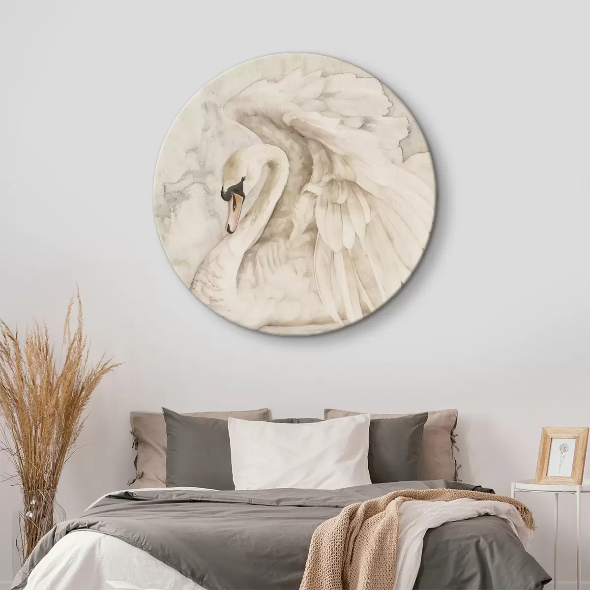 Ronde schilderijen Witte zwaan met vleugels r38296