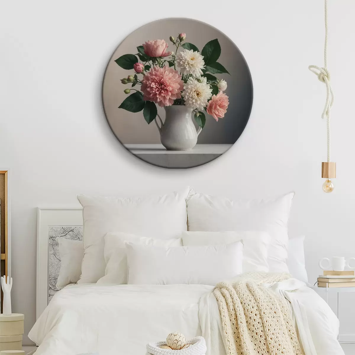 Ronde schilderijen Bloemen in een witte vaas op tafel r40472