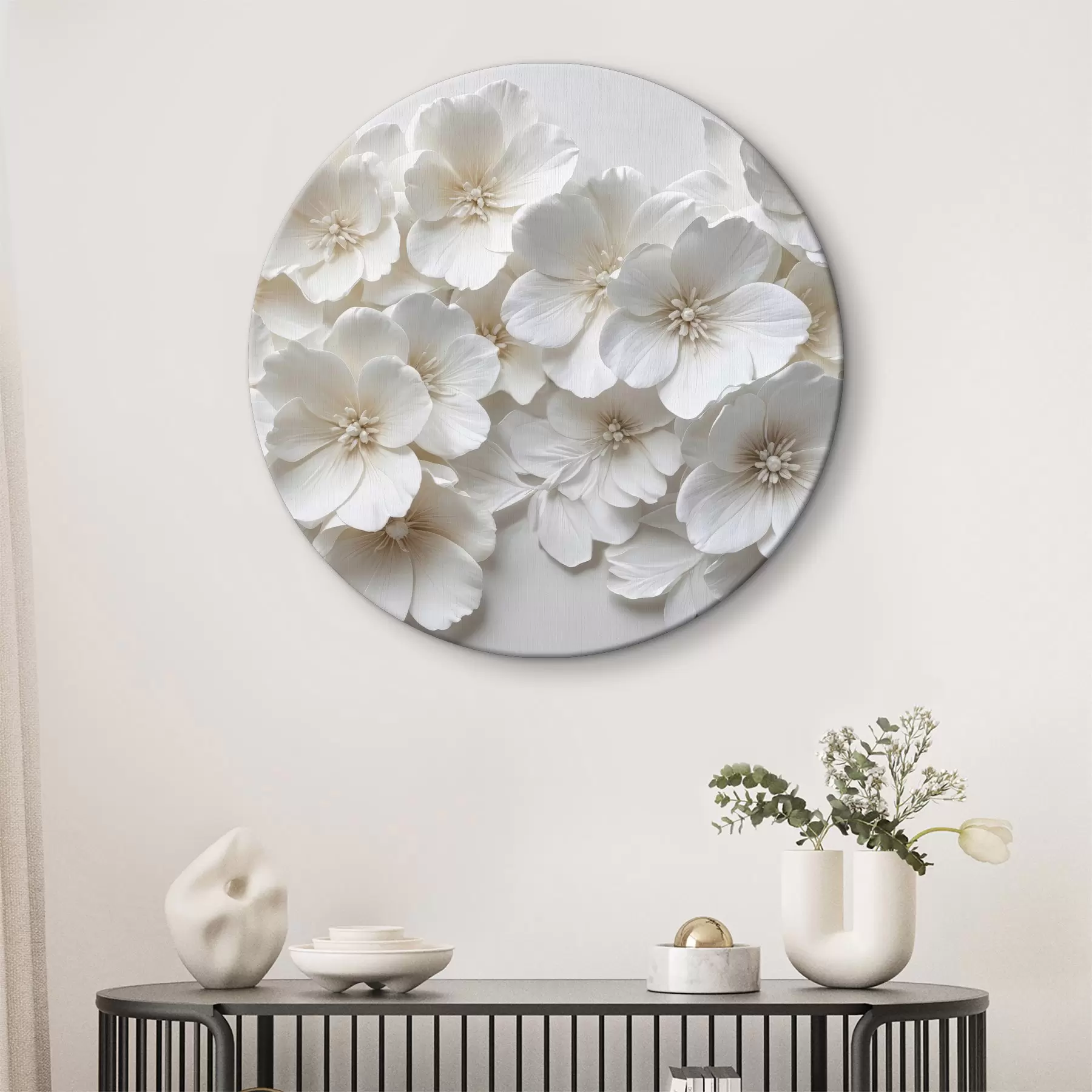  Schilderijen Witte bloemen met fijne bloemblaadjes in een prachtig bloemenpatroon op een lichte achtergrond r40548