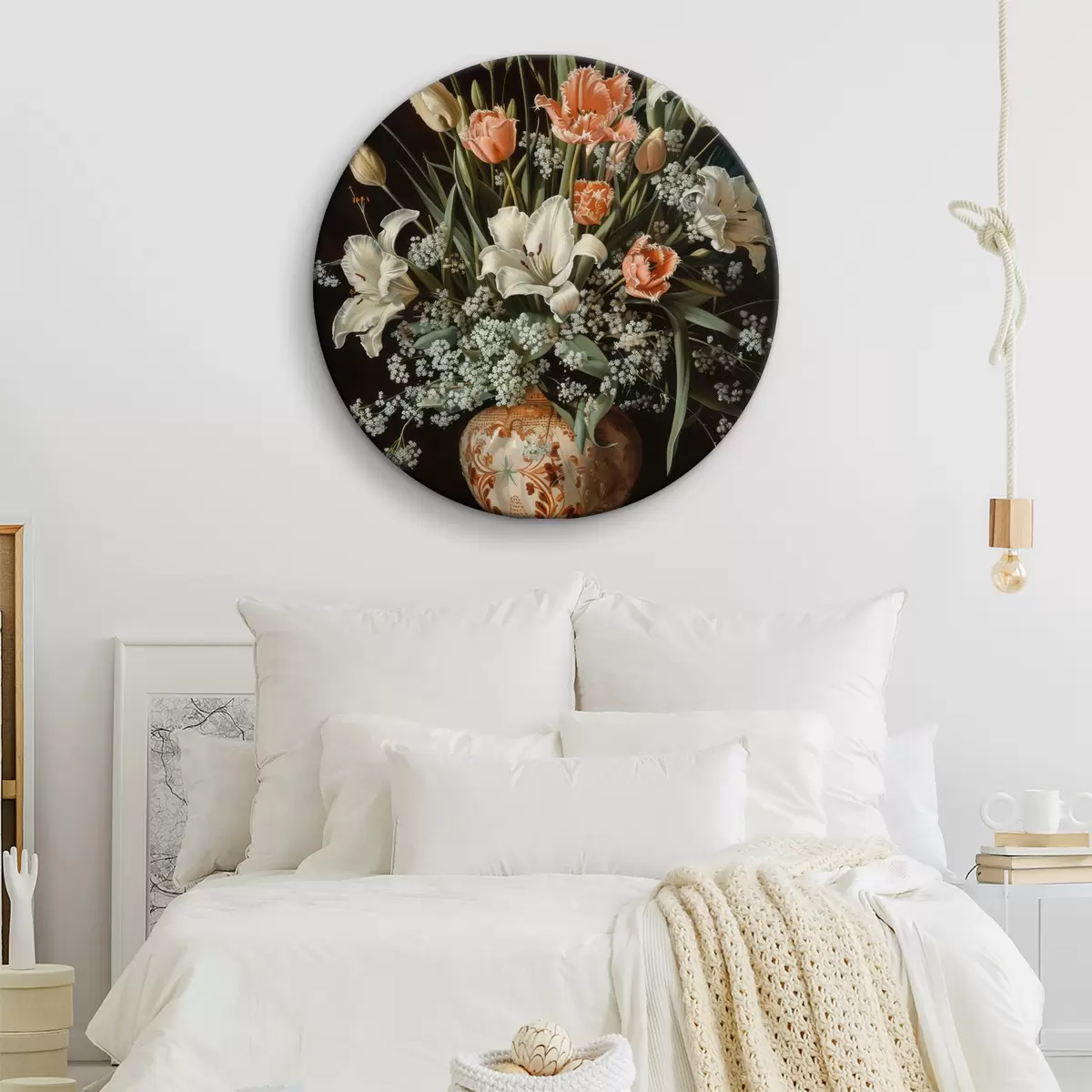 Ronde schilderijen Extravagant barok stilleven voorstellende een vaas gevuld met tulpen, anjers en hyacinten, imitatie van een olieverfschilderij r40658