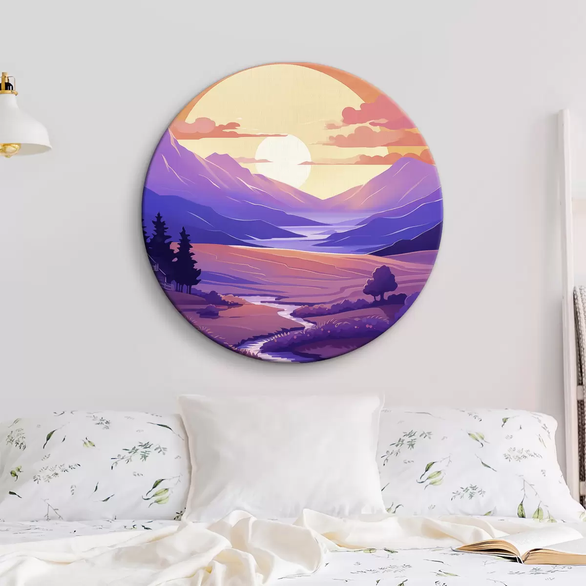 Ronde schilderijen Paarse zonsondergang in de bergen, rivier, bomen, klein huis r40949