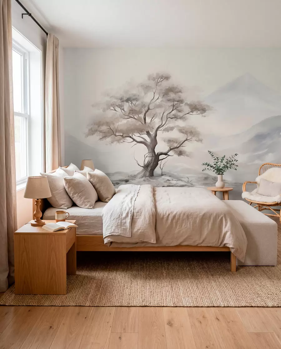 Fotobehang Een minimalistische tekening van een eenzame, verwrongen boom in een verlaten, rotsachtig landschap met bergen op de achtergrond w08604