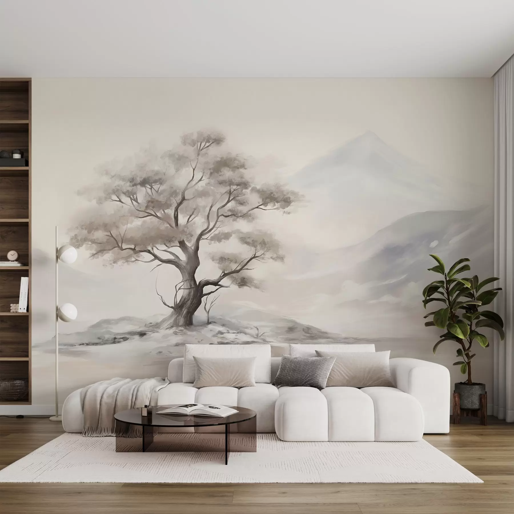 Fotobehang Een minimalistische tekening van een eenzame, verwrongen boom in een verlaten, rotsachtig landschap met bergen op de achtergrond w08604