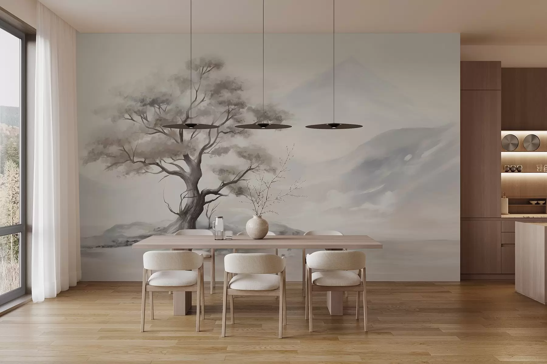 Fotobehang Een minimalistische tekening van een eenzame, verwrongen boom in een verlaten, rotsachtig landschap met bergen op de achtergrond w08604