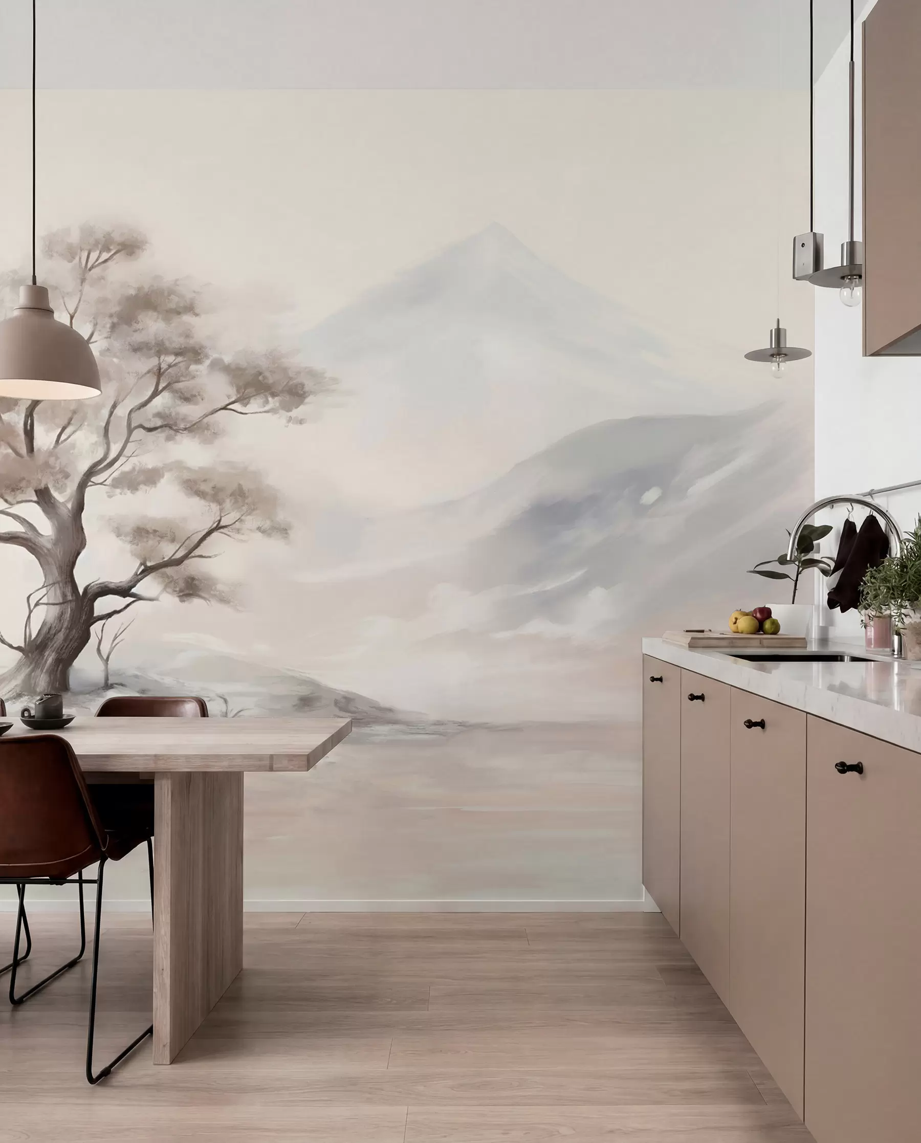 Fotobehang Een minimalistische tekening van een eenzame, verwrongen boom in een verlaten, rotsachtig landschap met bergen op de achtergrond w08604