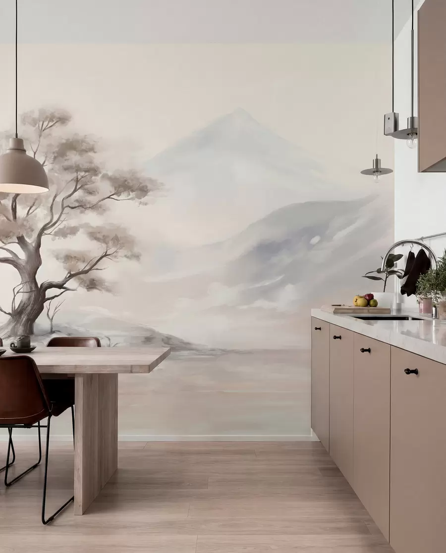 Fotobehang Een minimalistische tekening van een eenzame, verwrongen boom in een verlaten, rotsachtig landschap met bergen op de achtergrond w08604