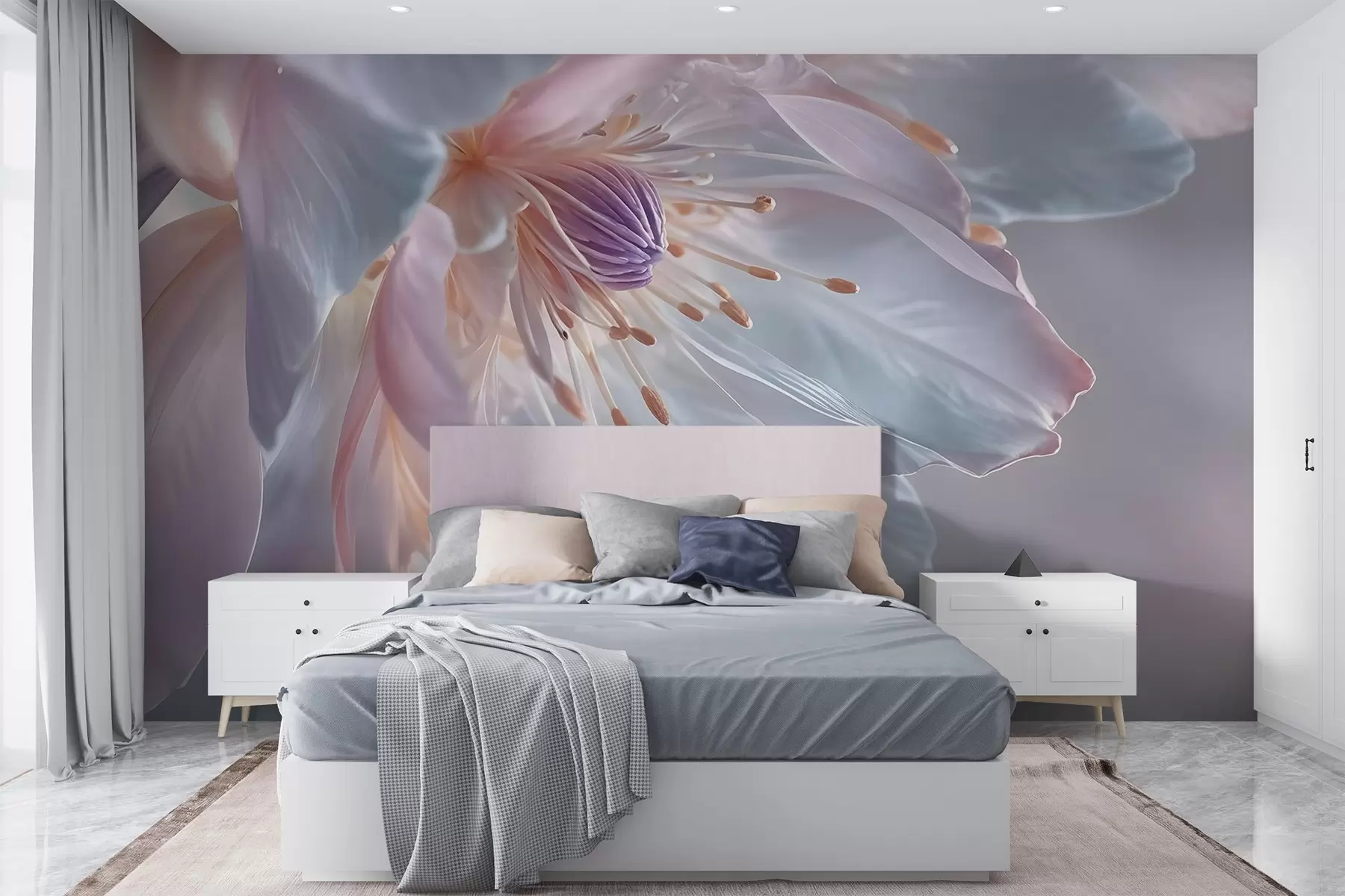 Fotobehang Een close-up van een delicate, pastelkleurige bloem met zachte, doorschijnende bloemblaadjes en een levendig hart w08605