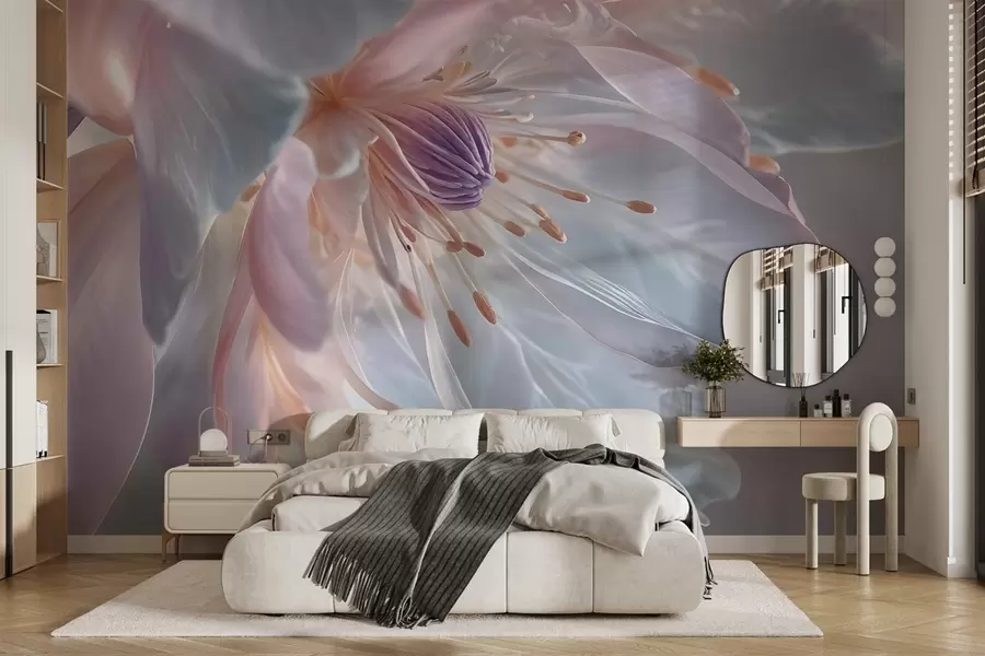 Fotobehang Een close-up van een delicate, pastelkleurige bloem met zachte, doorschijnende bloemblaadjes en een levendig hart w08605