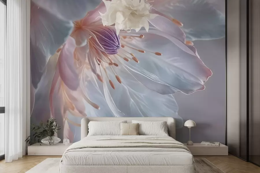 Fotobehang Een close-up van een delicate, pastelkleurige bloem met zachte, doorschijnende bloemblaadjes en een levendig hart w08605