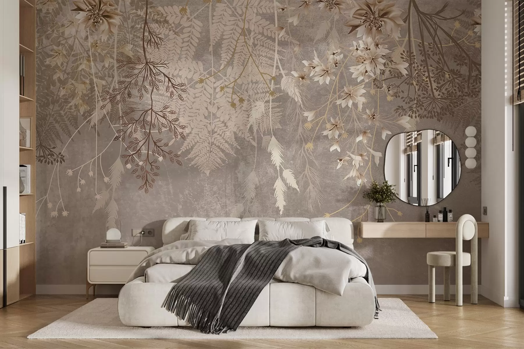 Fotobehang Een dromerige, delicate, piekerige planten, aartjes en bloemen in bruine pastelkleuren tegen een wazige, getextureerde achtergrond w08606v1