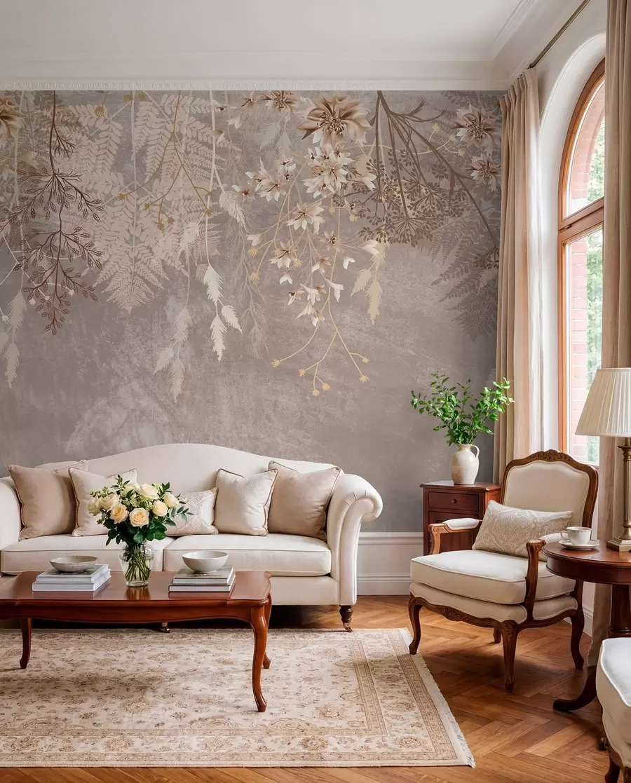 Fotobehang Een dromerige, delicate, piekerige planten, aartjes en bloemen in bruine pastelkleuren tegen een wazige, getextureerde achtergrond w08606v1