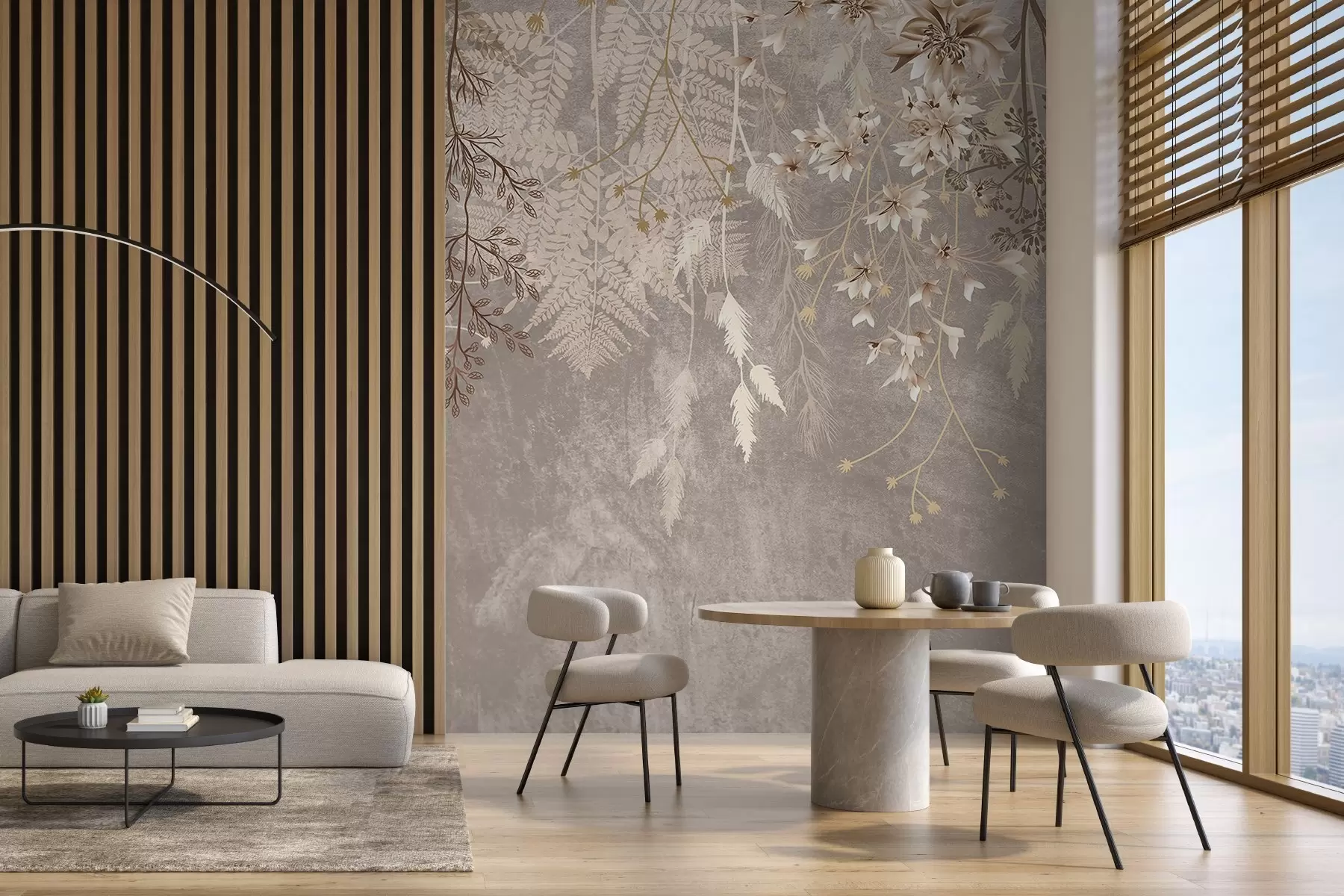 Fotobehang Een dromerige, delicate, piekerige planten, aartjes en bloemen in bruine pastelkleuren tegen een wazige, getextureerde achtergrond w08606v1