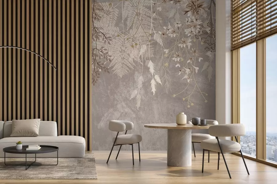 Fotobehang Een dromerige, delicate, piekerige planten, aartjes en bloemen in bruine pastelkleuren tegen een wazige, getextureerde achtergrond w08606v1