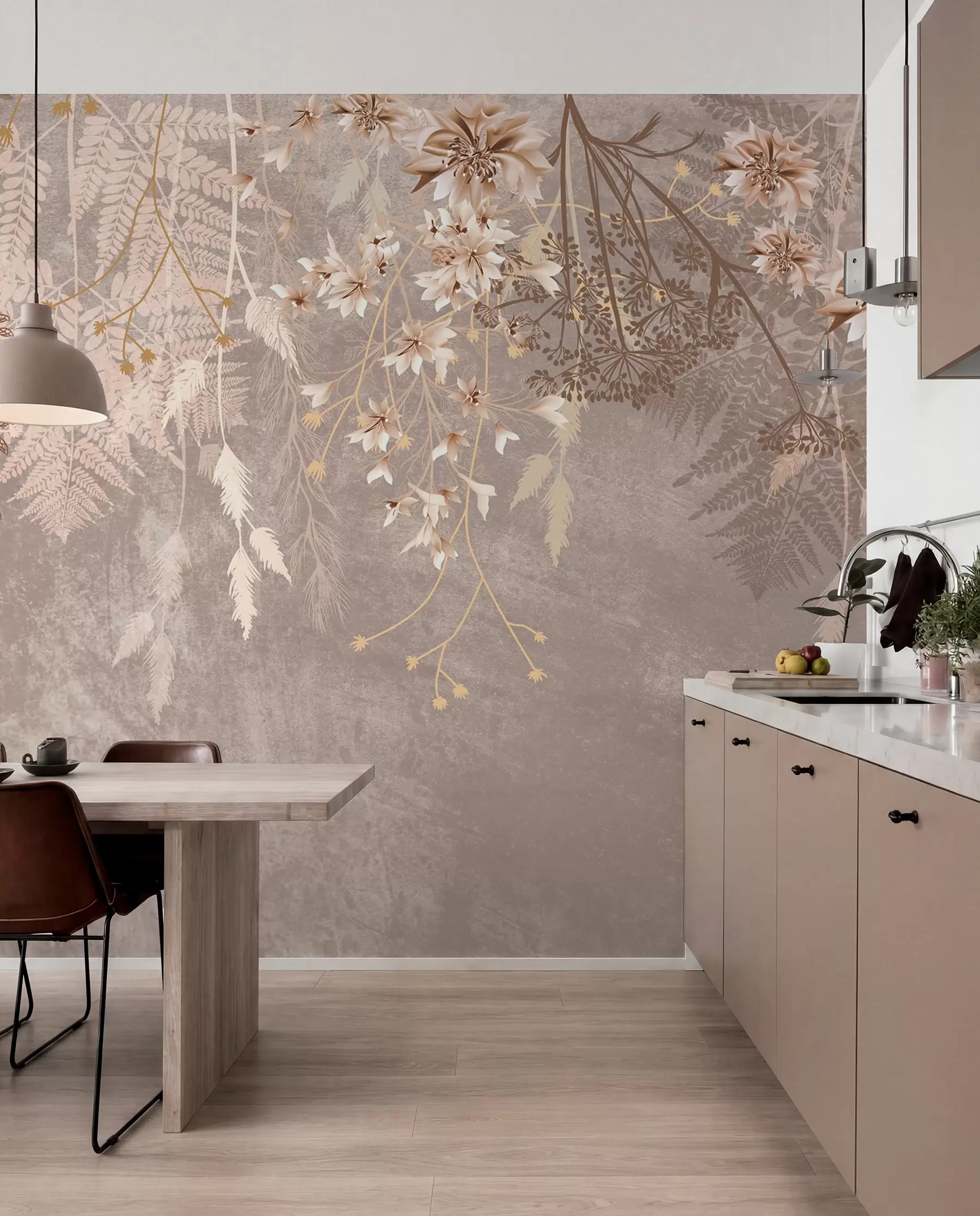 Fotobehang Een dromerige, delicate, piekerige planten, aartjes en bloemen in bruine pastelkleuren tegen een wazige, getextureerde achtergrond w08606v1
