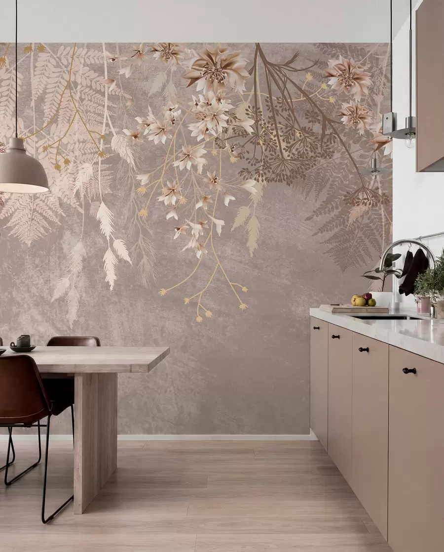 Fotobehang Een dromerige, delicate, piekerige planten, aartjes en bloemen in bruine pastelkleuren tegen een wazige, getextureerde achtergrond w08606v1