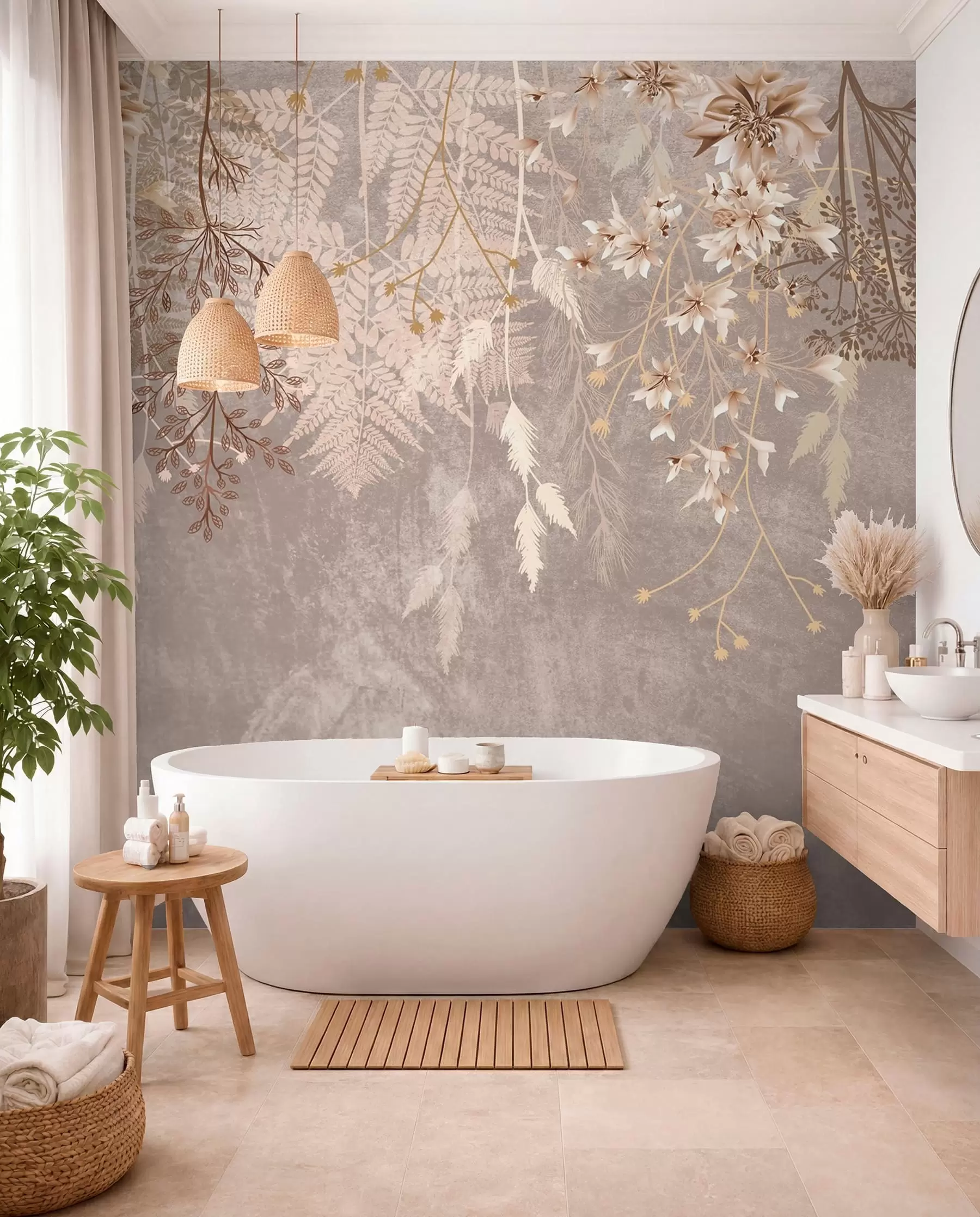 Fotobehang Een dromerige, delicate, piekerige planten, aartjes en bloemen in bruine pastelkleuren tegen een wazige, getextureerde achtergrond w08606v1