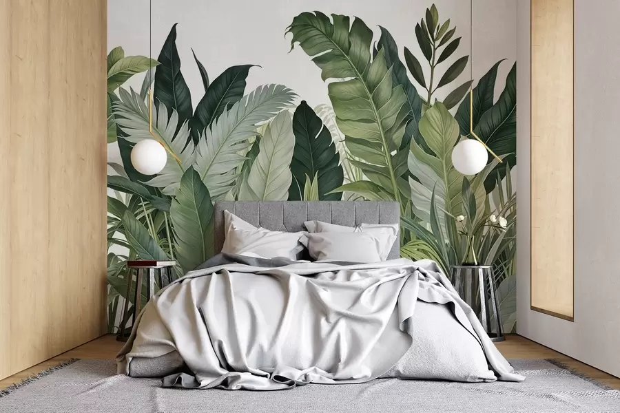 Fotobehang Tropisch gebladerte met verschillende grote groene bladeren, waaronder bananenbladeren, palmbladeren en andere exotische plantensoorten w08609