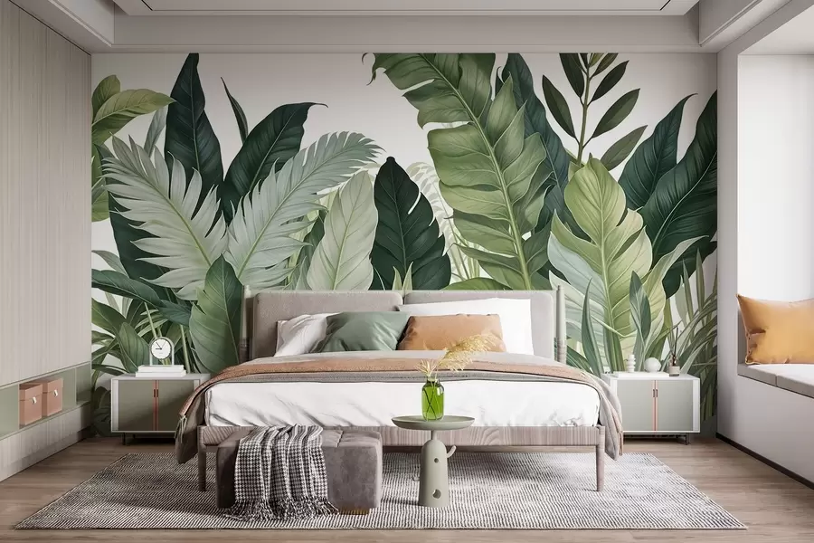 Fotobehang Tropisch gebladerte met verschillende grote groene bladeren, waaronder bananenbladeren, palmbladeren en andere exotische plantensoorten w08609