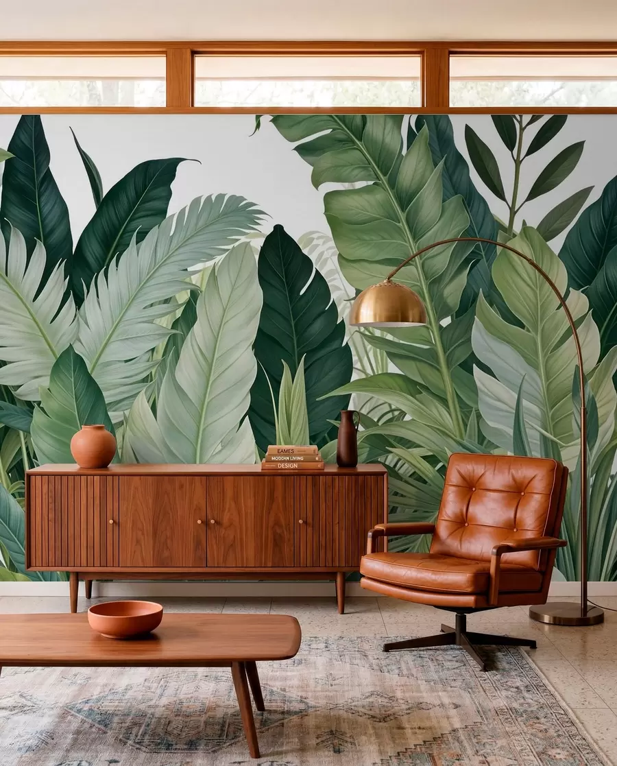 Fotobehang Tropisch gebladerte met verschillende grote groene bladeren, waaronder bananenbladeren, palmbladeren en andere exotische plantensoorten w08609