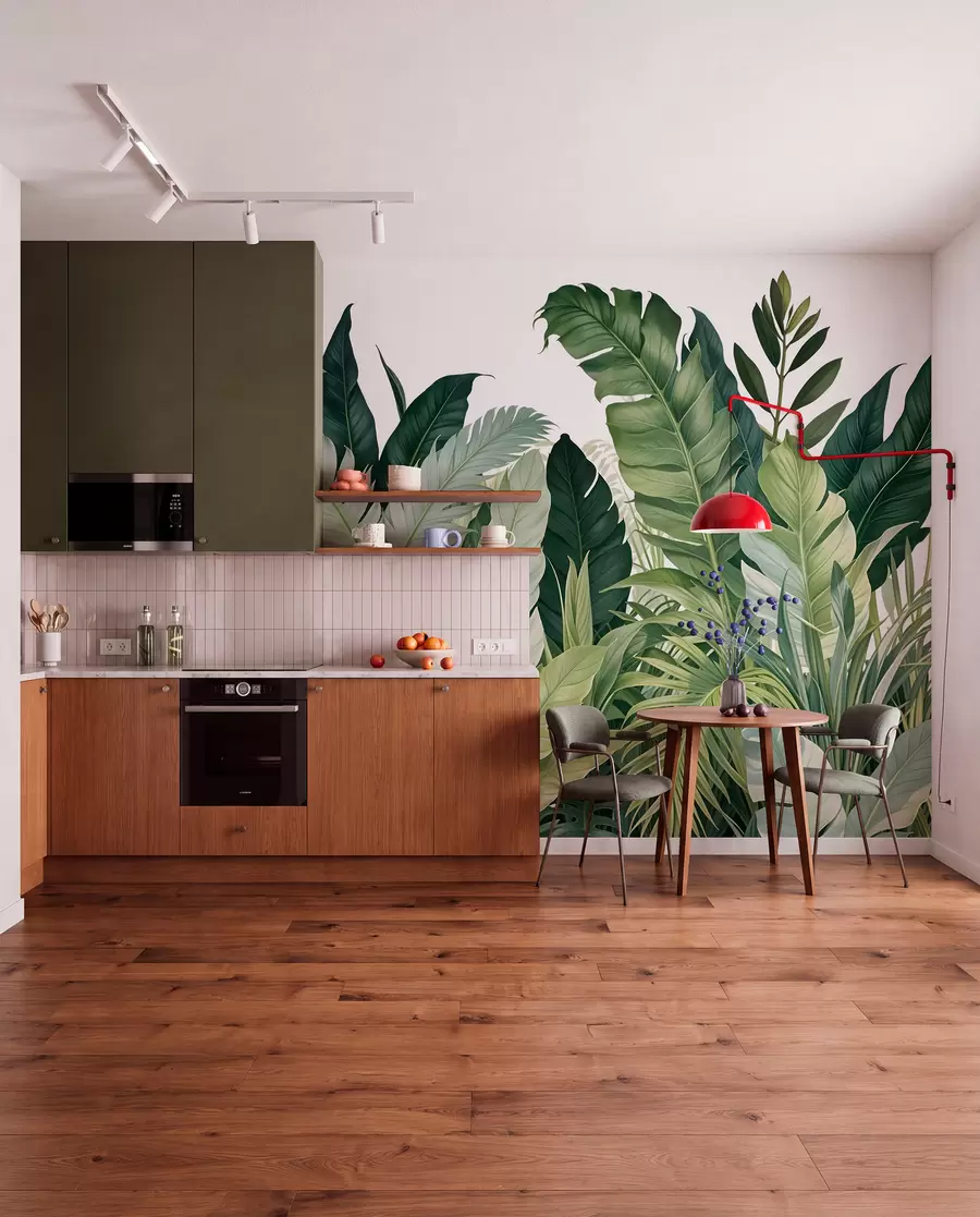 Fotobehang Tropisch gebladerte met verschillende grote groene bladeren, waaronder bananenbladeren, palmbladeren en andere exotische plantensoorten w08609