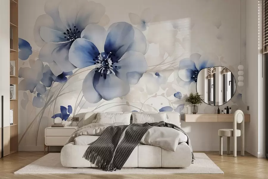 Fotobehang Delicate aquarelachtige blauwe en witte bloemen met zachte bloemblaadjes en onscherpe achtergrond w08610
