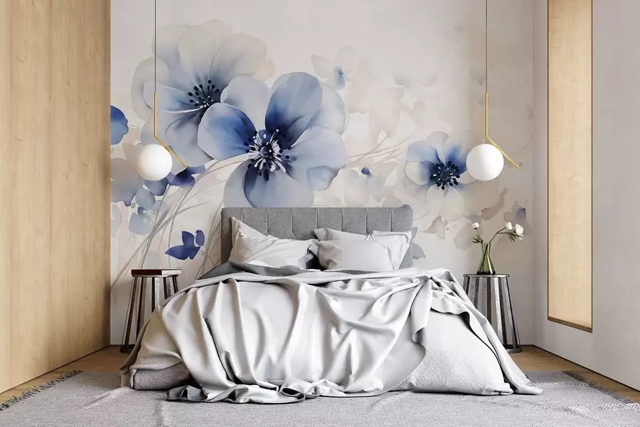 Fotobehang Delicate aquarelachtige blauwe en witte bloemen met zachte bloemblaadjes en onscherpe achtergrond w08610