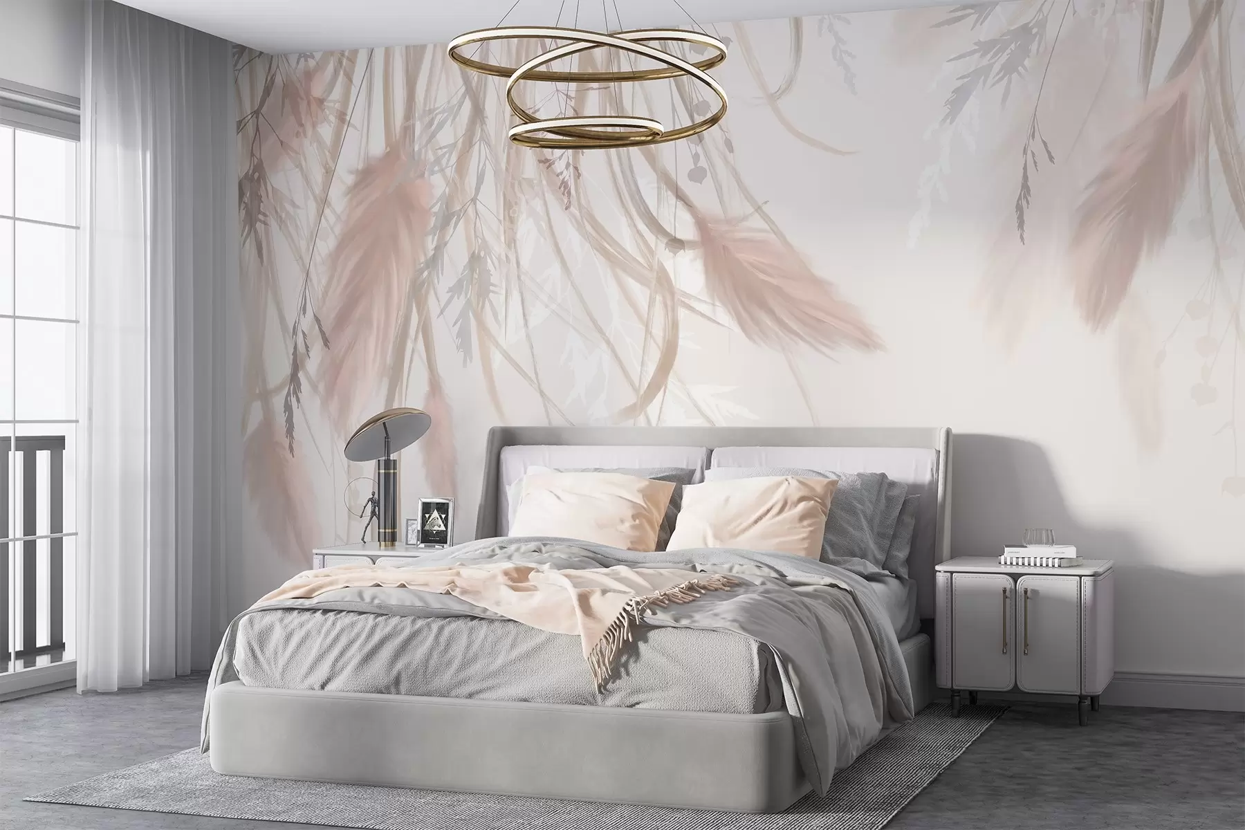 Fotobehang Zacht, piekerig pampagras en aartjes in beige en roze tinten tegen een lichte achtergrond w08611