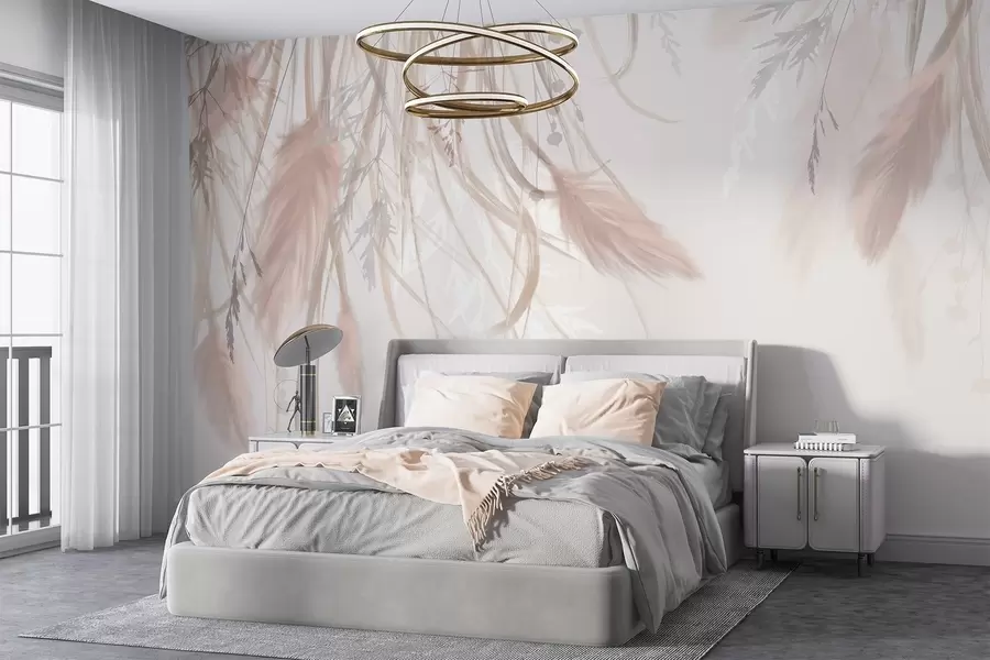 Fotobehang Zacht, piekerig pampagras en aartjes in beige en roze tinten tegen een lichte achtergrond w08611