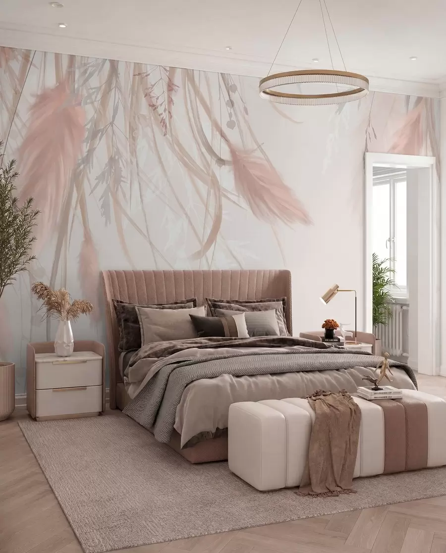 Fotobehang Zacht, piekerig pampagras en aartjes in beige en roze tinten tegen een lichte achtergrond w08611