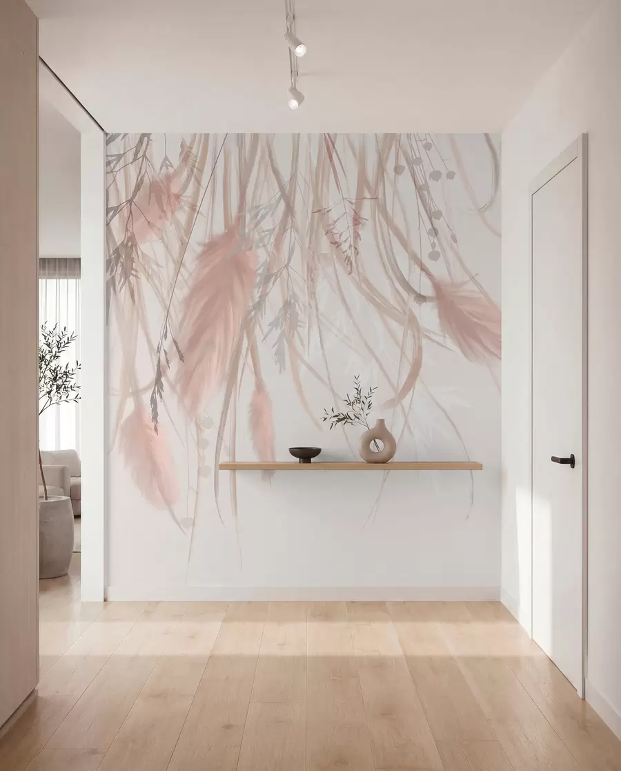 Fotobehang Zacht, piekerig pampagras en aartjes in beige en roze tinten tegen een lichte achtergrond w08611