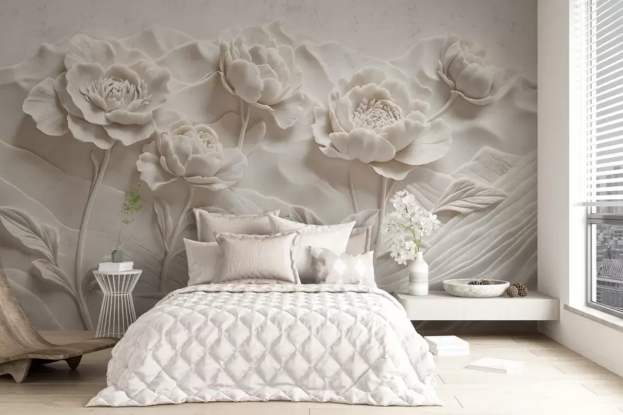 Fotobehang Een witte bloemenimitatie van reliëfsculptuur met grote, gedetailleerde pioenbloemen tegen een effen achtergrond w08612