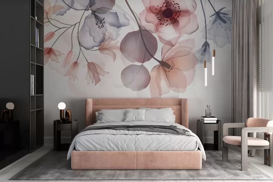 Fotobehang Delicate roze en grijze doorschijnende bloemen met zachte bloemblaadjes en donkere harten, tegen een lichte achtergrond w08613