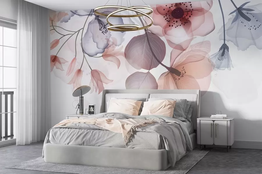 Fotobehang Delicate roze en grijze doorschijnende bloemen met zachte bloemblaadjes en donkere harten, tegen een lichte achtergrond w08613