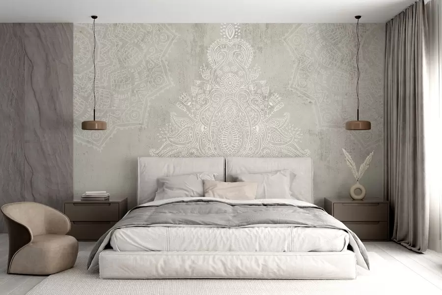 Fotobehang Een gedetailleerde, ingewikkelde mandalaprint van wit kant op een lichtbeige abstracte achtergrond met structuur w08614