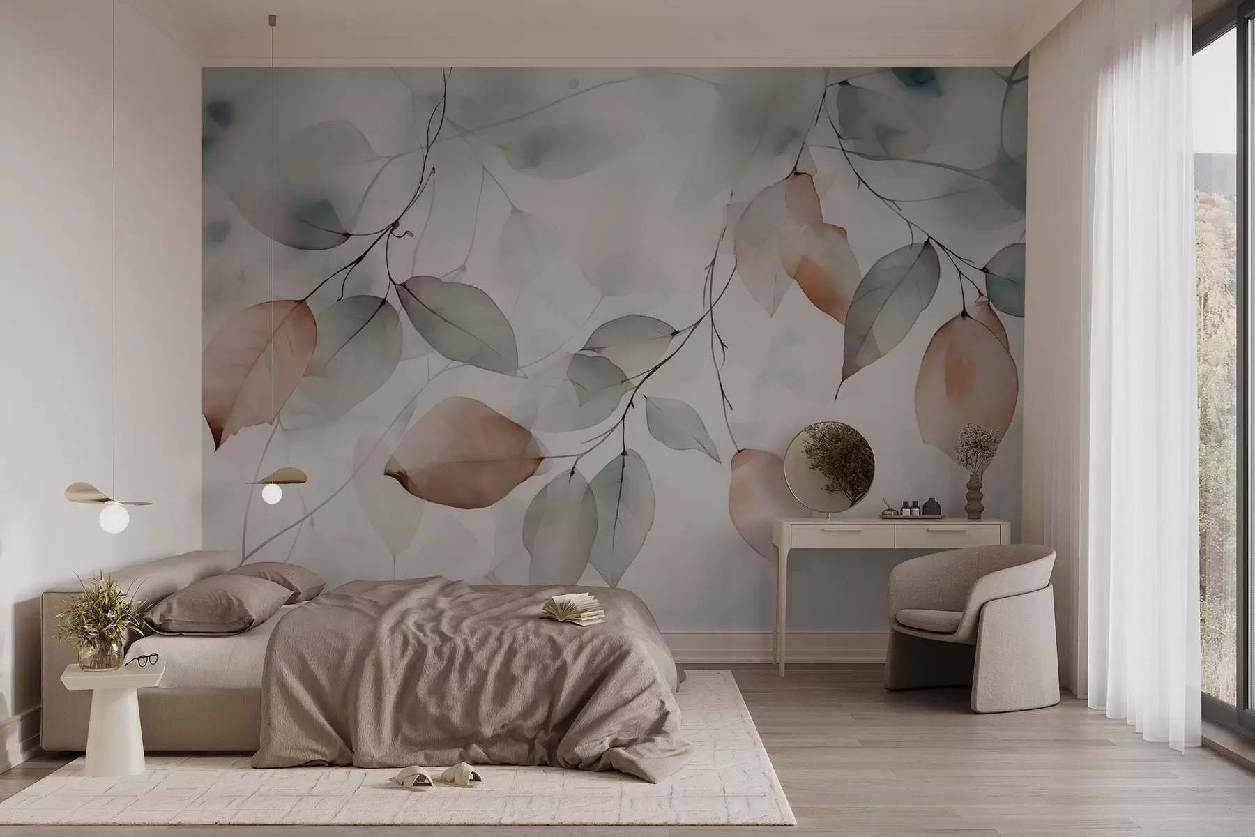 Fotobehang Abstracte takken met bladeren in aquarelstijl w02718