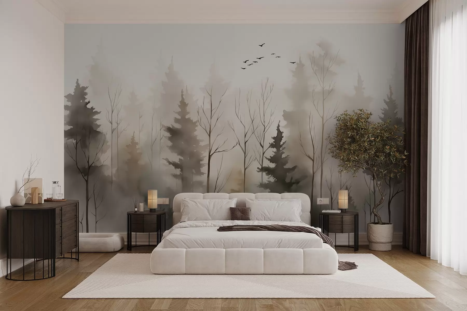 Fotobehang Silhouetten van sparren en bomen imitatie van natte aquarel w02721