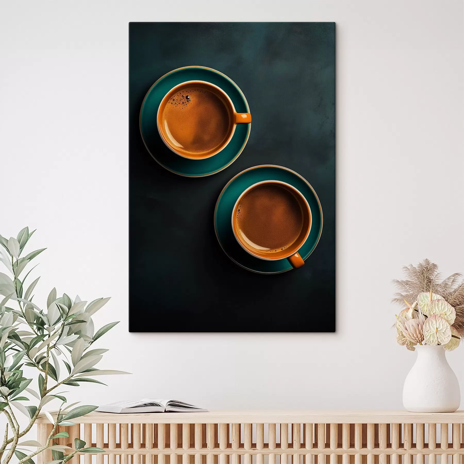  Schilderijen Twee kopjes koffie op een donkere achtergrond s42190