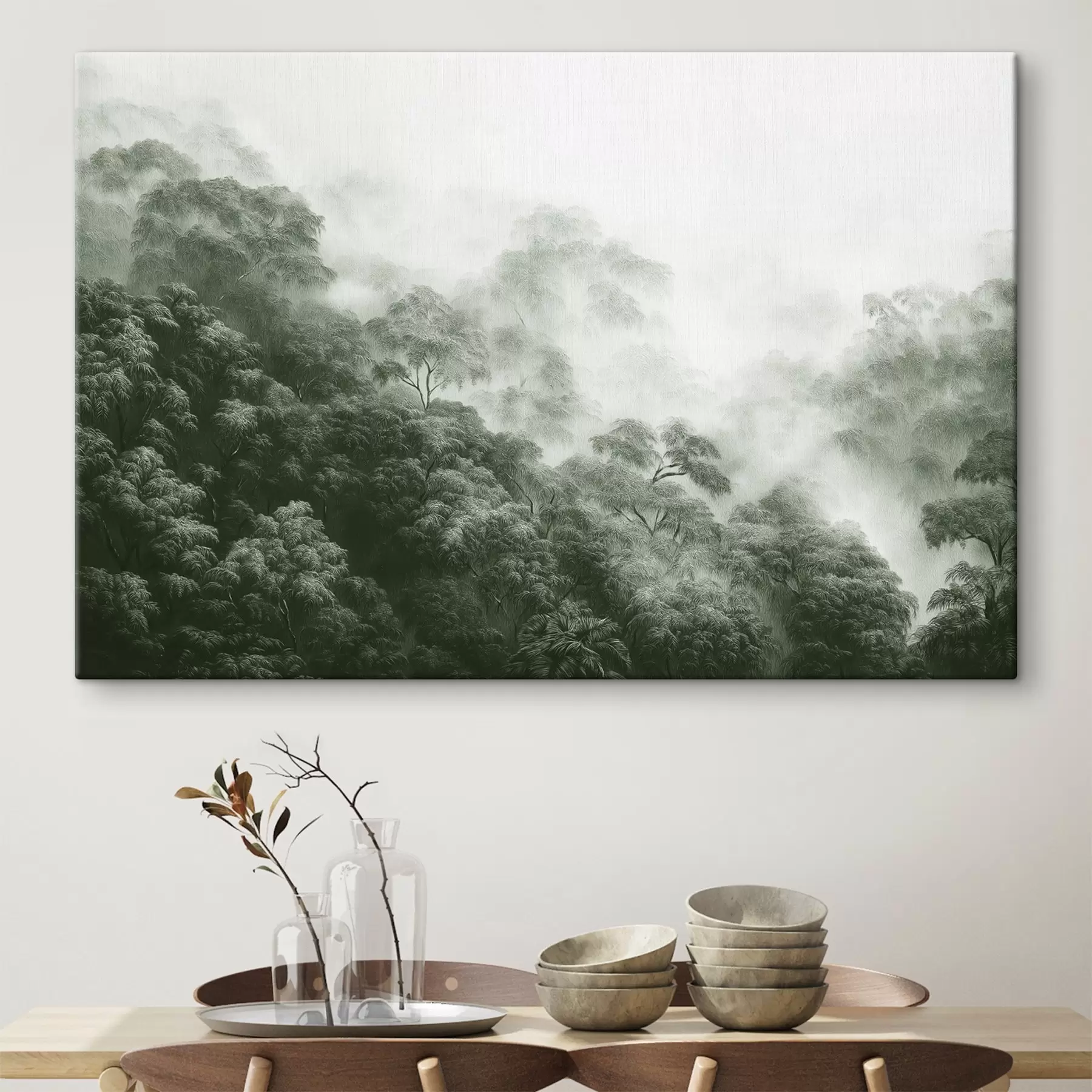 Fotobehang Tropisch bos in de mist, palmbomen, groene kleuren s42371