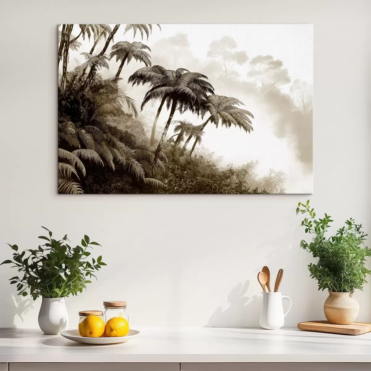  Schilderijen Junglebos in de mist, palmbomen, natuur, beige kleuren s42372